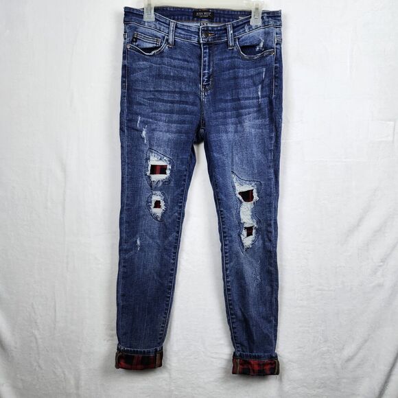 Judy Blue Jeans Size 9/29 Skinny Fit Buffalo Plaid Distressed Medium Wash Denim - Picture 1 of 16